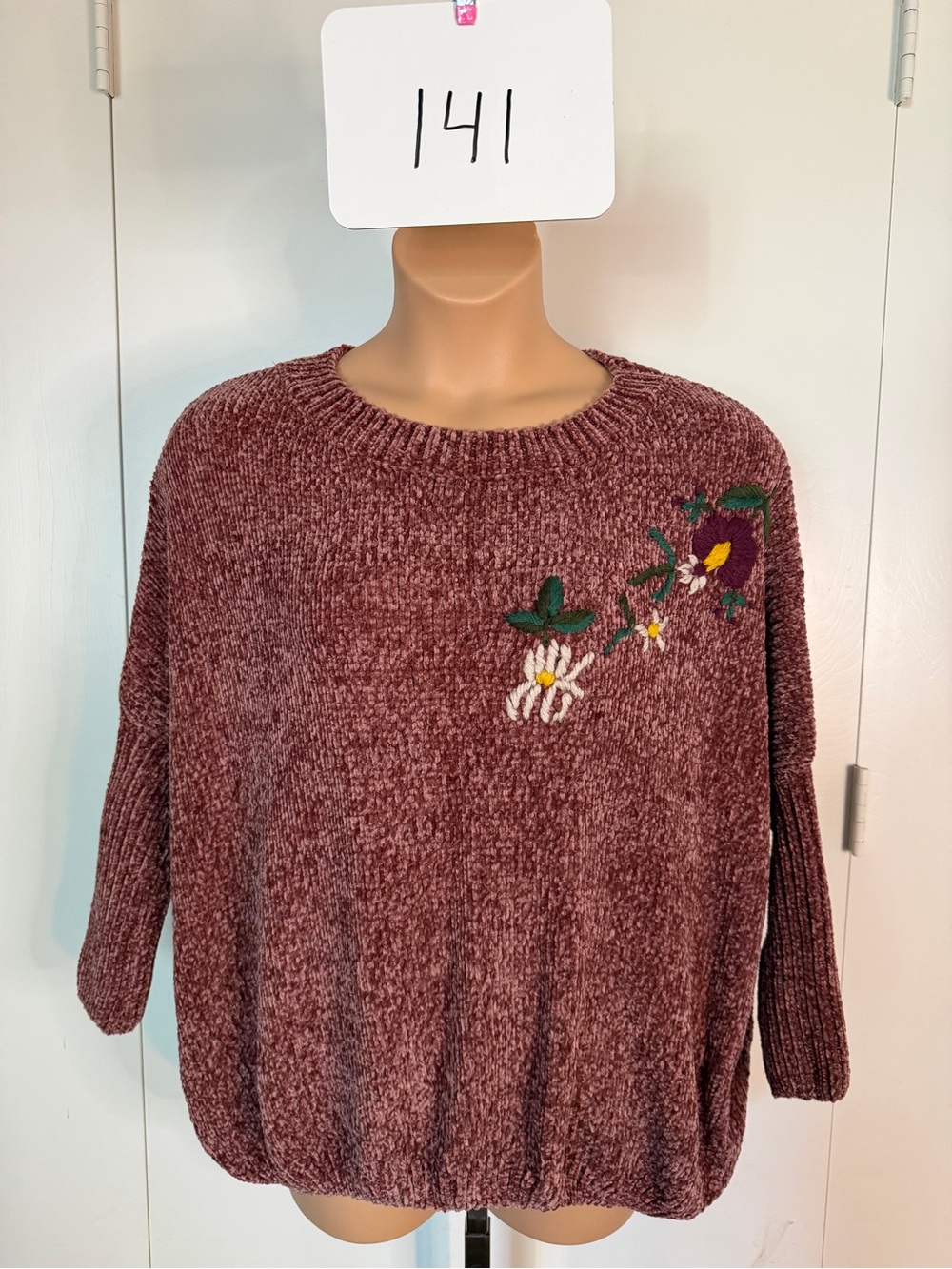 RAGA Mauve Chenille Crewneck Sweater with Floral Embroidery